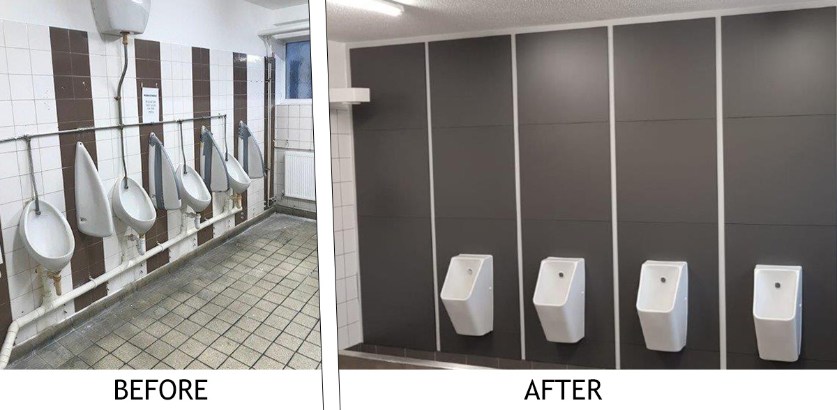Stevens Washrooms - Washroom Refurbishment - Urinals Cubicles Toilets - Before and After